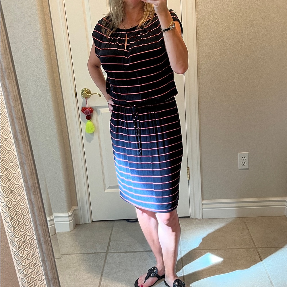 Navy and Pink Dress Stripes Banana Republic Keyhole Neckline